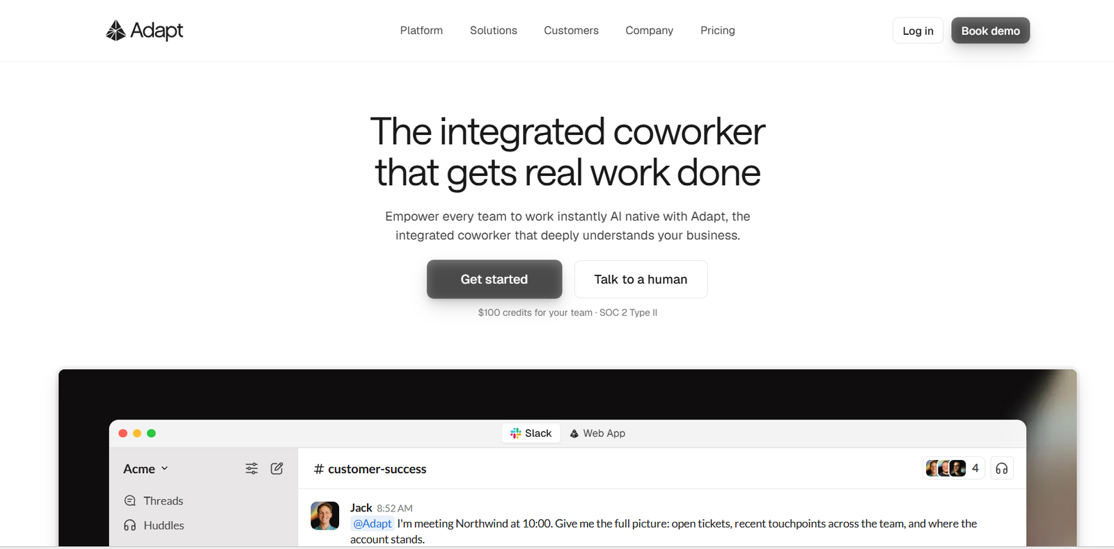 23 - Hero section for Adapt: large heading about an integrated coworker with two CTA buttons ('Get started' and 'Talk to a human') and a subheading, plus a preview image of a Slack-like team chat window below.
