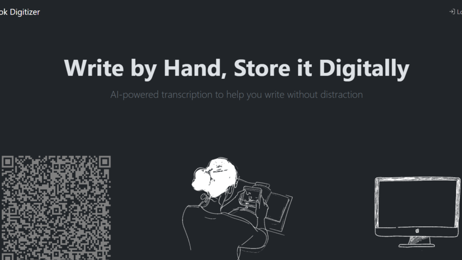 Hero banner for Notebook Digitizer: headline 'Write by Hand, Store it Digitally' with subtitle, left QR code, center sketch of a person using a tablet, and a right computer monitor sketch.