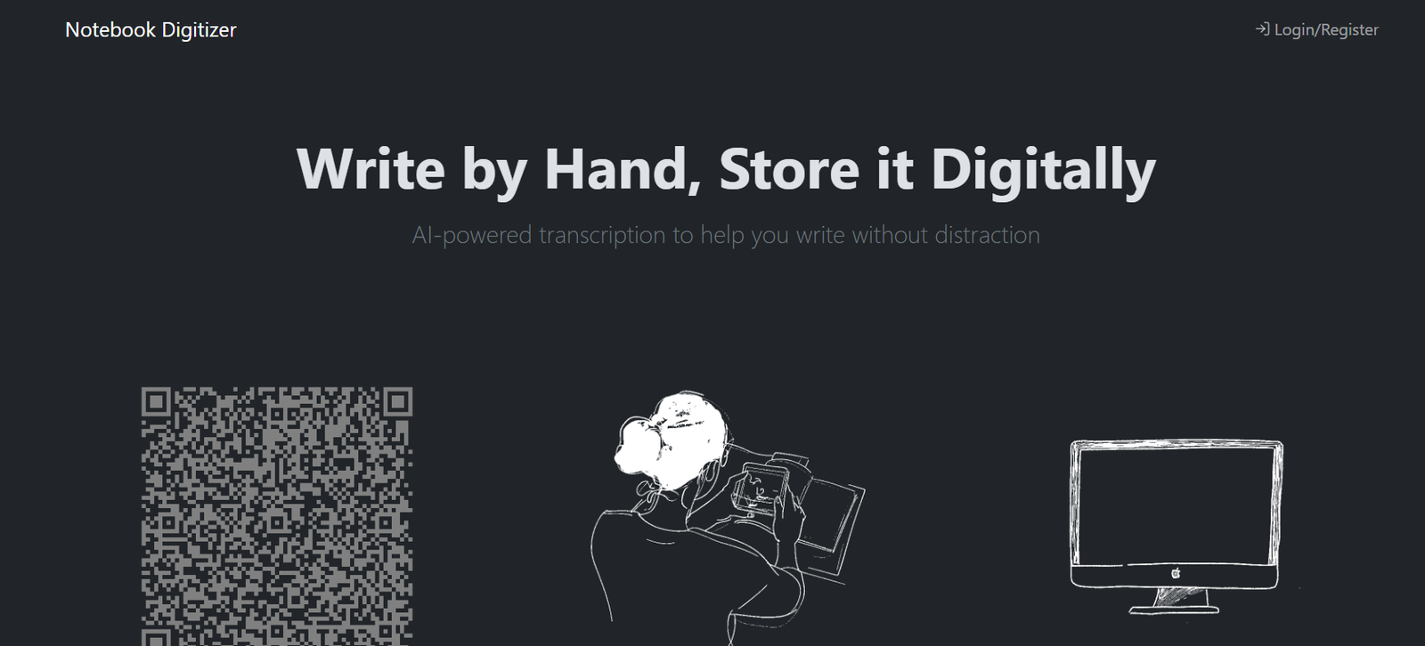 23 - Hero banner for Notebook Digitizer: headline 'Write by Hand, Store it Digitally' with subtitle, left QR code, center sketch of a person using a tablet, and a right computer monitor sketch.