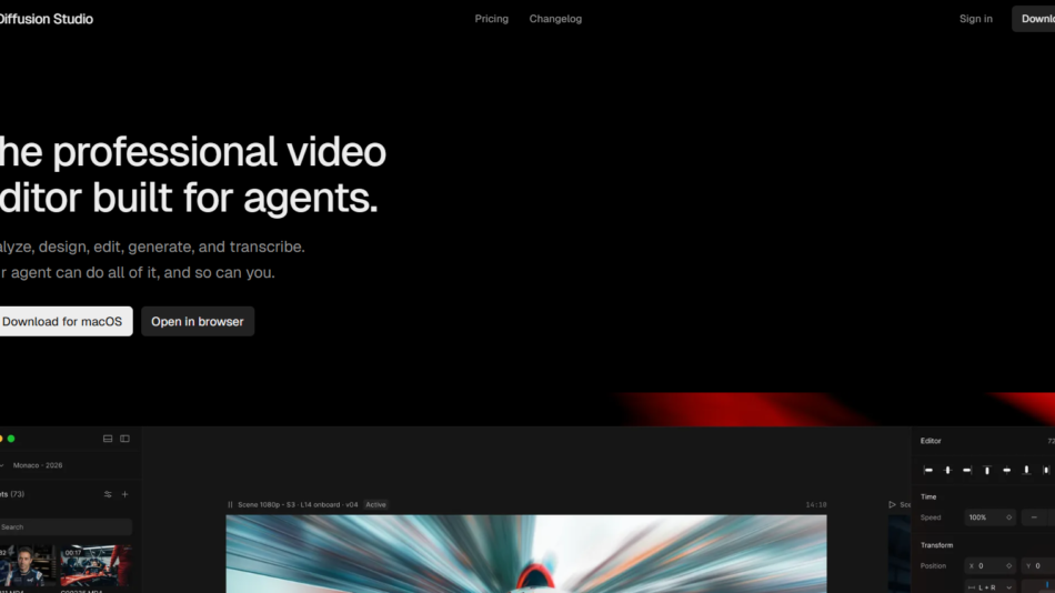 Hero section for Diffusion Studio: headline 'The professional video editor built for agents' with subheading and two call-to-action buttons: 'Download for macOS' and 'Open in browser'