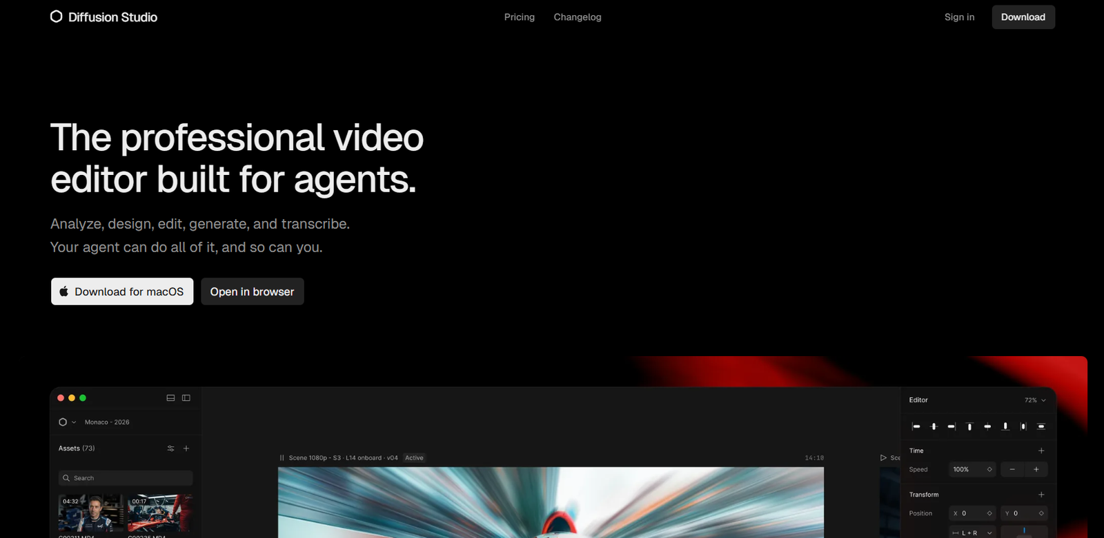 23 - Hero section for Diffusion Studio: headline 'The professional video editor built for agents' with subheading and two call-to-action buttons: 'Download for macOS' and 'Open in browser'