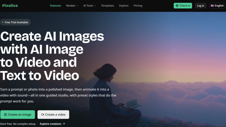 23 - Hero banner: person seated on a hillside at sunset with a large white headline about creating AI images and a 'Free Trial Available' badge.