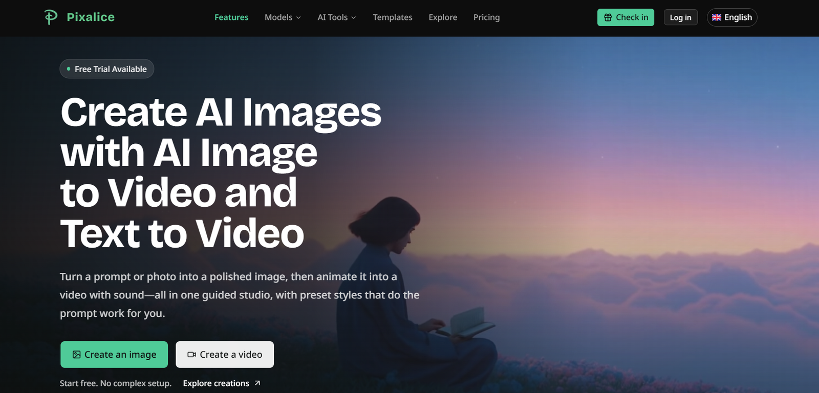 23 - Hero banner: person seated on a hillside at sunset with a large white headline about creating AI images and a 'Free Trial Available' badge.