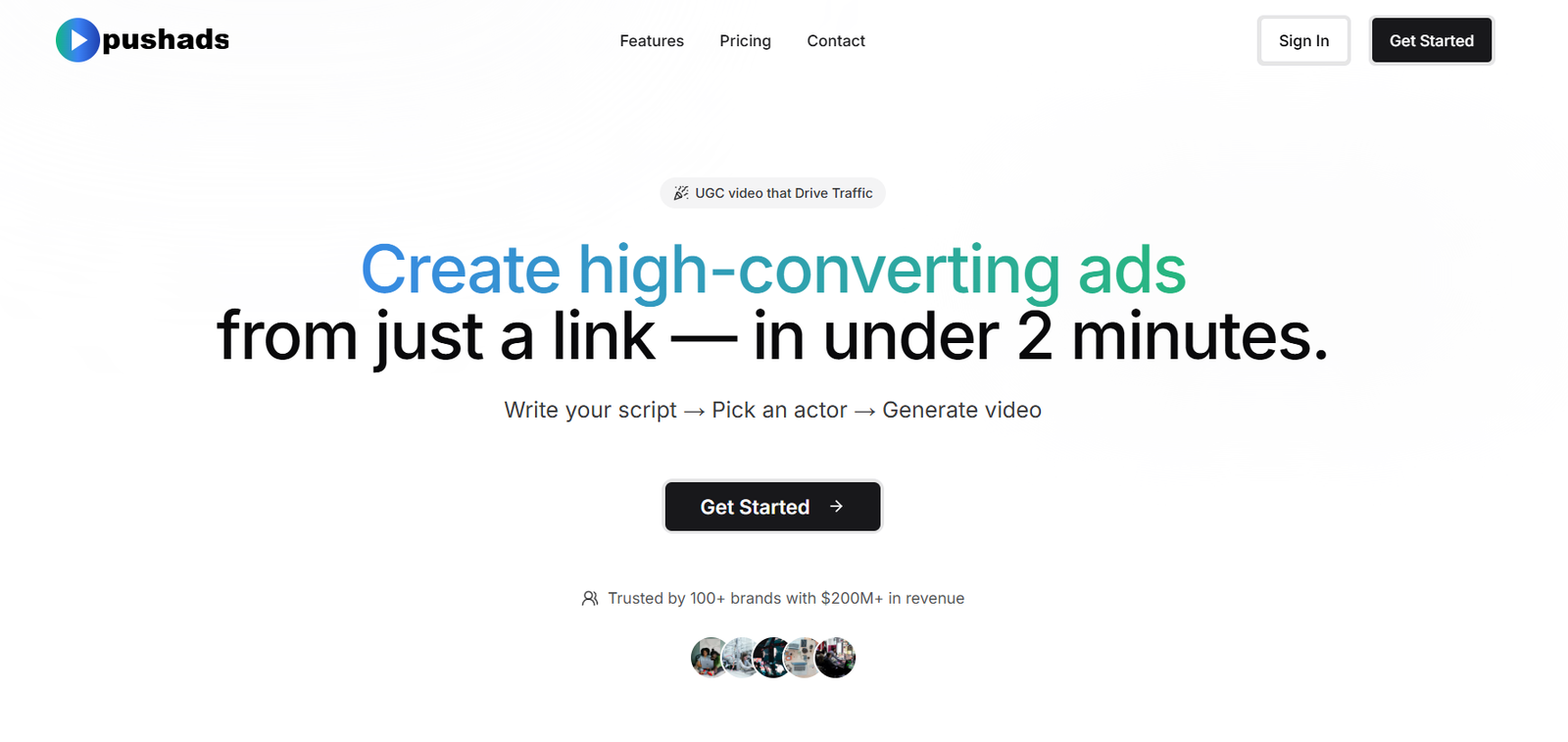 Pushads hero section with logo, navigation, and a bold headline: 'Create high-converting ads from just a link—in under 2 minutes.'