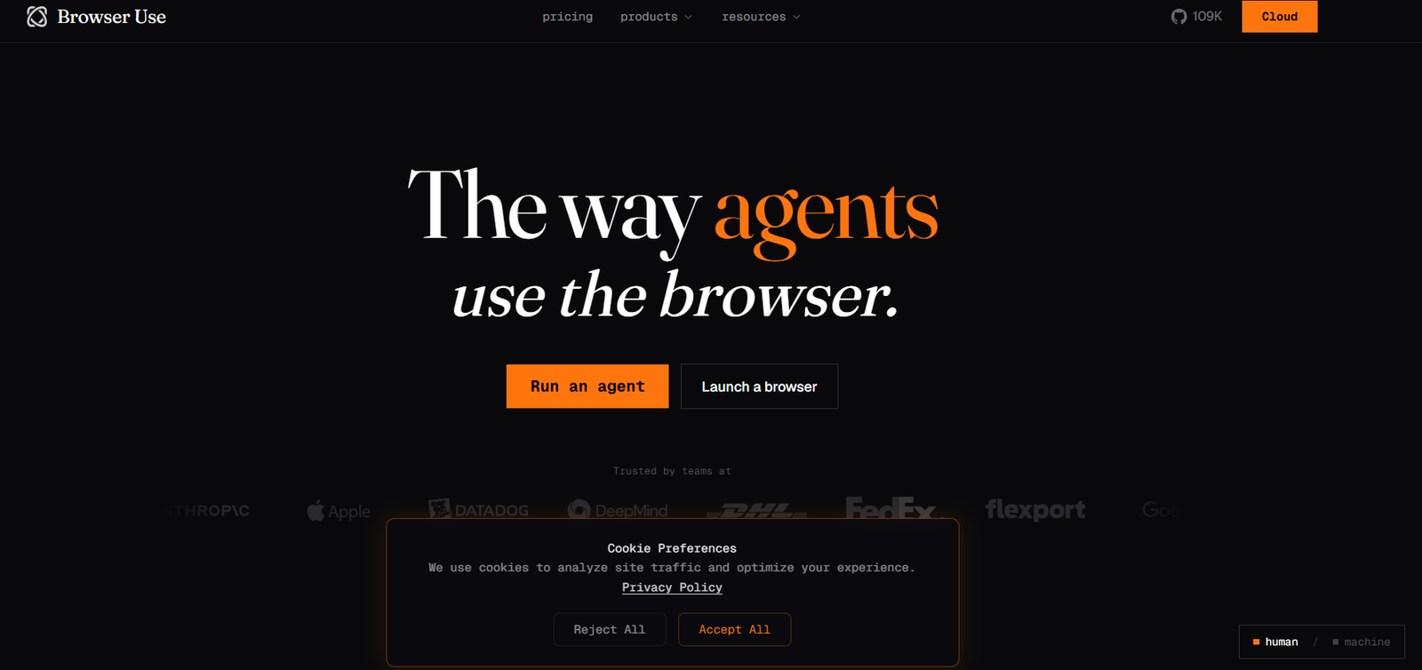 24 - Hero banner: 'The way agents use the browser.' with orange-highlighted 'agents' and two buttons 'Run an agent' and 'Launch a browser' on a dark background.