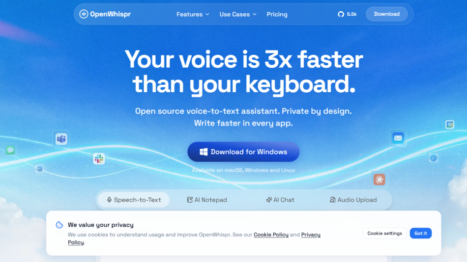 Hero header for OpenWhispr: blue sky background, bold headline 'Your voice is 3x faster than your keyboard' with a 'Download for Windows' button.