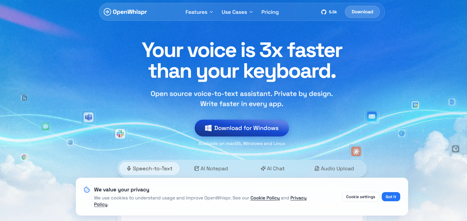 24 - Hero header for OpenWhispr: blue sky background, bold headline 'Your voice is 3x faster than your keyboard' with a 'Download for Windows' button.
