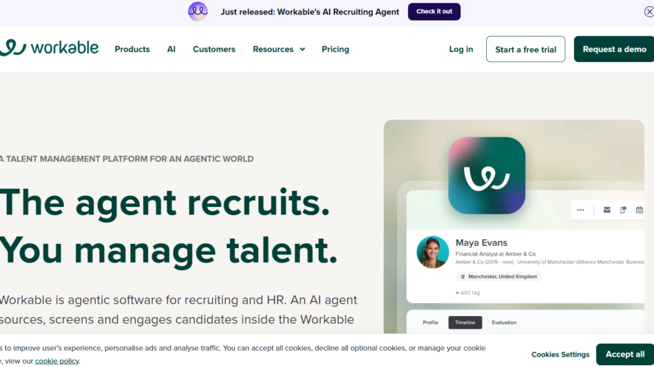 Hero section of Workable homepage: large teal headline reads 'The agent recruits. You manage talent.' on a beige background with a right-side rounded app illustration showing a candidate profile. At the top are navigation and signup buttons and a cookie banner below.