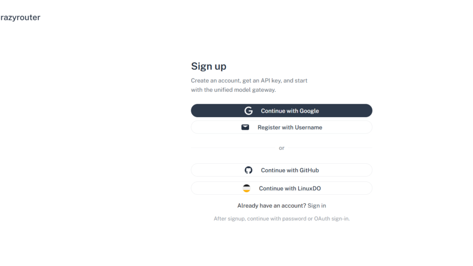 24 - Centered signup form on a white page with the Crazyrouter logo in the top-left. The form offers sign-up options: Continue with Google, Register with Username, Continue with GitHub, and Continue with LinuxDO, plus a sign-in link for existing users.