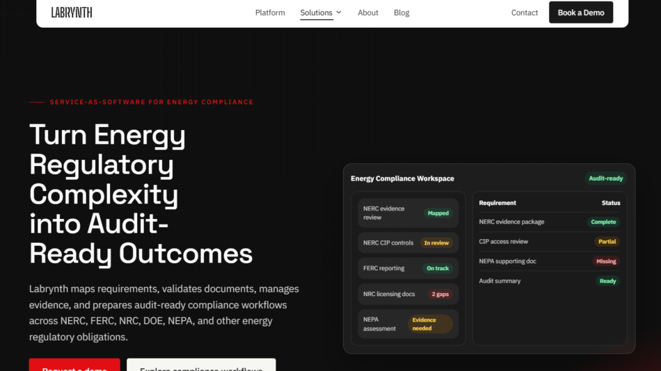 Hero section showing headline 'Turn Energy Regulatory Complexity into Audit-Ready Outcomes' with a dark grid background and a right-side 'Energy Compliance Workspace' card with status badges.