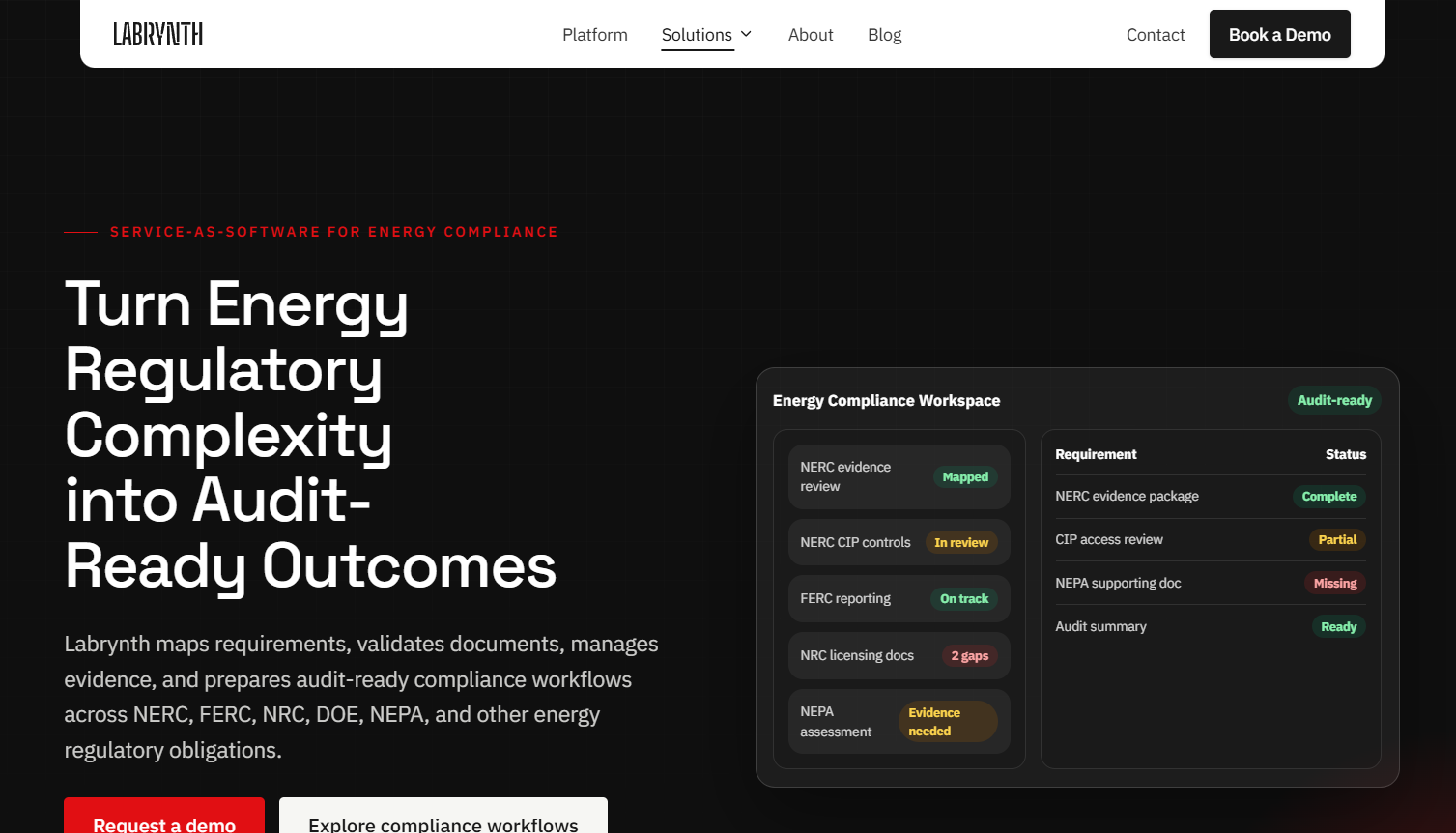 25 - Hero section showing headline 'Turn Energy Regulatory Complexity into Audit-Ready Outcomes' with a dark grid background and a right-side 'Energy Compliance Workspace' card with status badges.