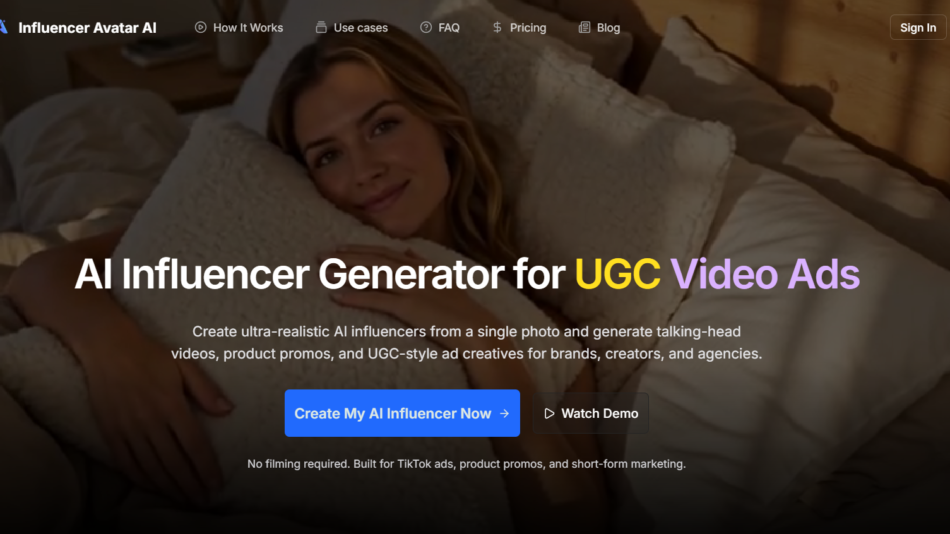 25 - Woman smiling and reclining in a cozy bedroom bed, used as a hero image for an AI influencer generator landing page.