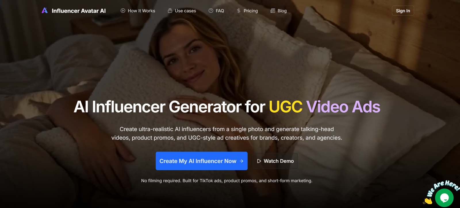 Woman smiling and reclining in a cozy bedroom bed, used as a hero image for an AI influencer generator landing page.