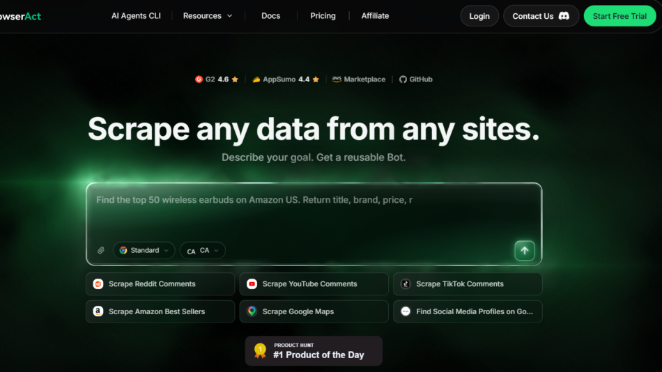 Hero banner: dark green glowing background with the headline 'Scrape any data from any sites.' and a search box.