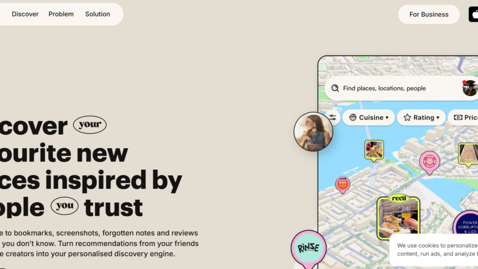 Discover: bold headline about finding trusted places, with a map mockup on the right and circular profile icons nearby.