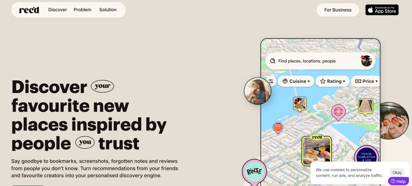 25 - Discover: bold headline about finding trusted places, with a map mockup on the right and circular profile icons nearby.