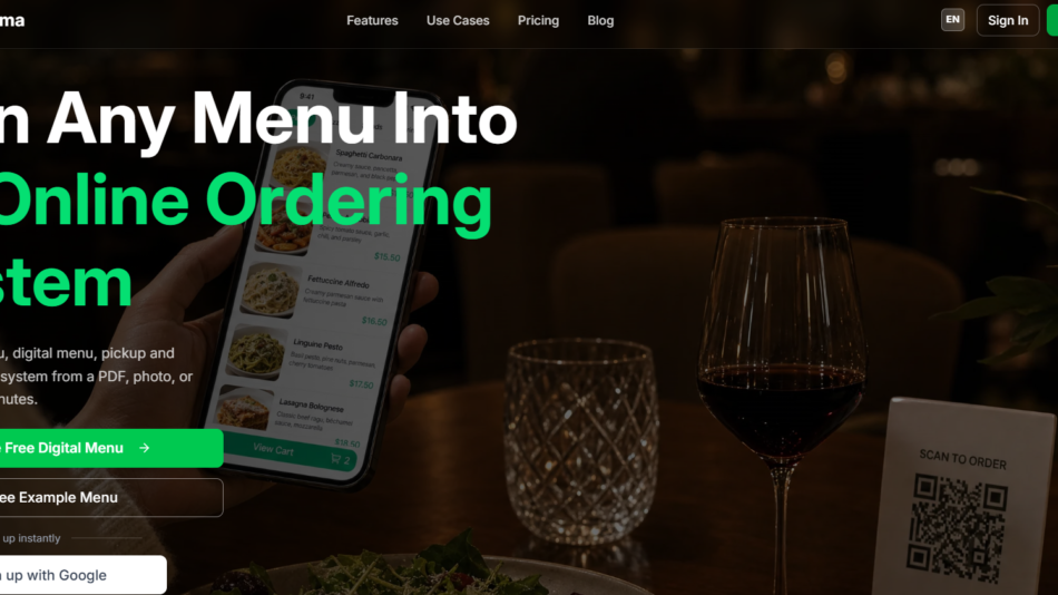 25 - Dark restaurant hero scene with a hand holding a smartphone displaying a menu; large white and green headline promotes turning any menu into an online ordering system.
