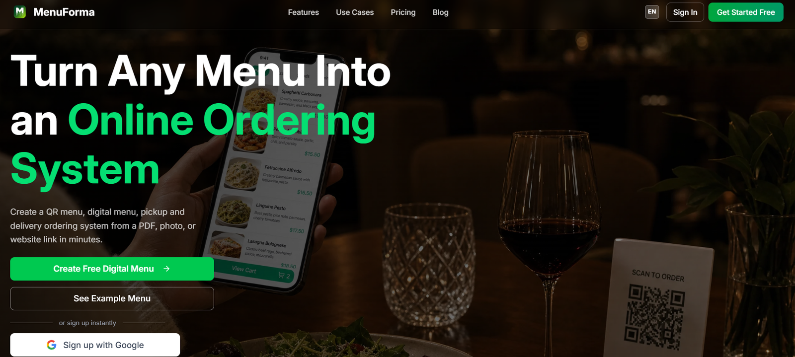 25 - Dark restaurant hero scene with a hand holding a smartphone displaying a menu; large white and green headline promotes turning any menu into an online ordering system.