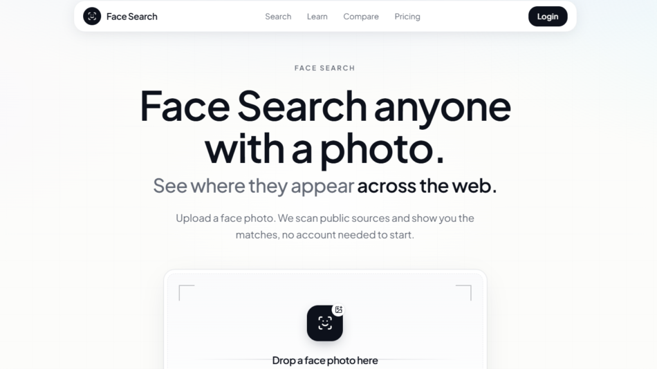 26 - Hero section promoting face search from a photo, with navigation bar and a dark Login button at top-right.