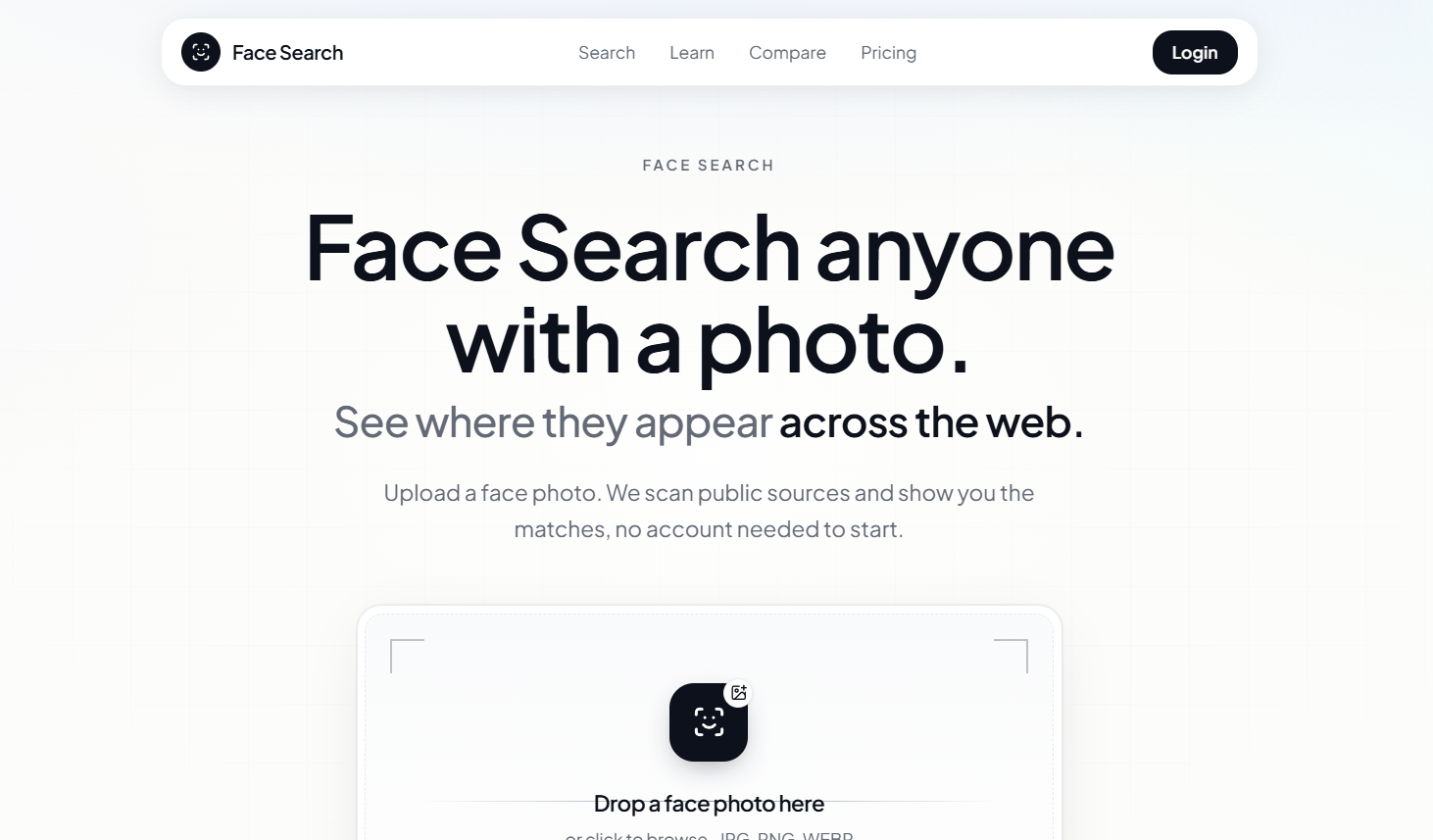 26 - Hero section promoting face search from a photo, with navigation bar and a dark Login button at top-right.