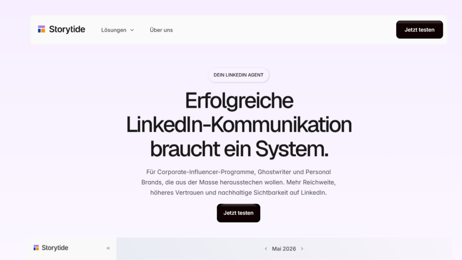 26 - Hero section: German headline about successful LinkedIn communication with a subheading and a prominent 'Jetzt testen' button against a lavender gradient background.