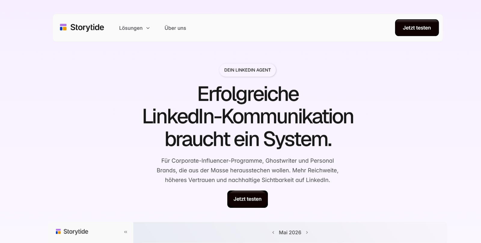 Hero section: German headline about successful LinkedIn communication with a subheading and a prominent 'Jetzt testen' button against a lavender gradient background.