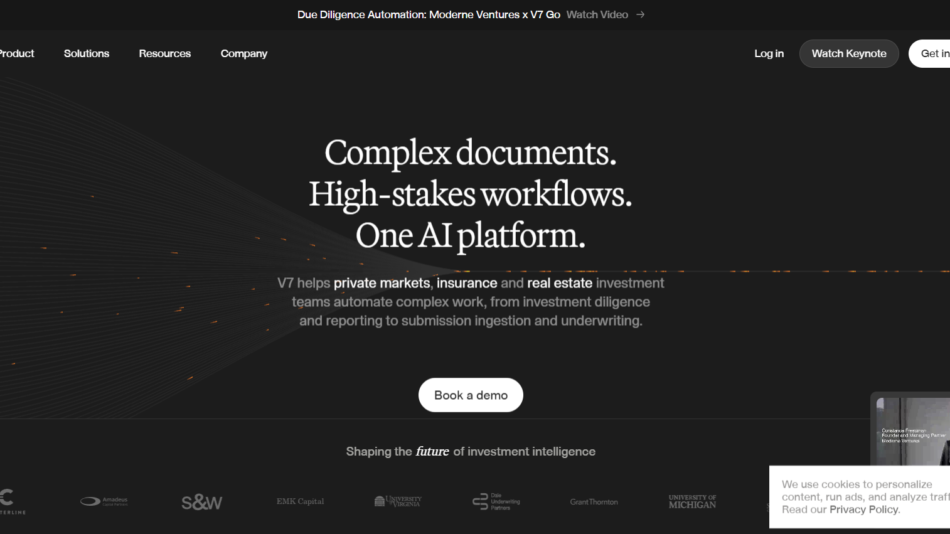 Hero banner for an AI platform: main headline 'Complex documents. High-stakes workflows. One AI platform.' with a 'Book a demo' call-to-action on a dark background.