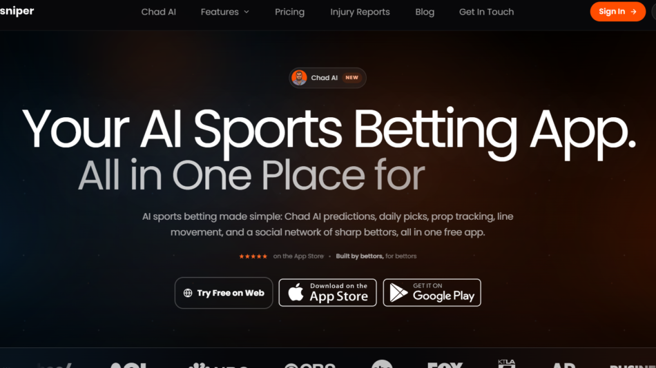 Hero banner for Stat Sniper: 'Your AI Sports Betting App' with a dark gradient background and download buttons below the fold.