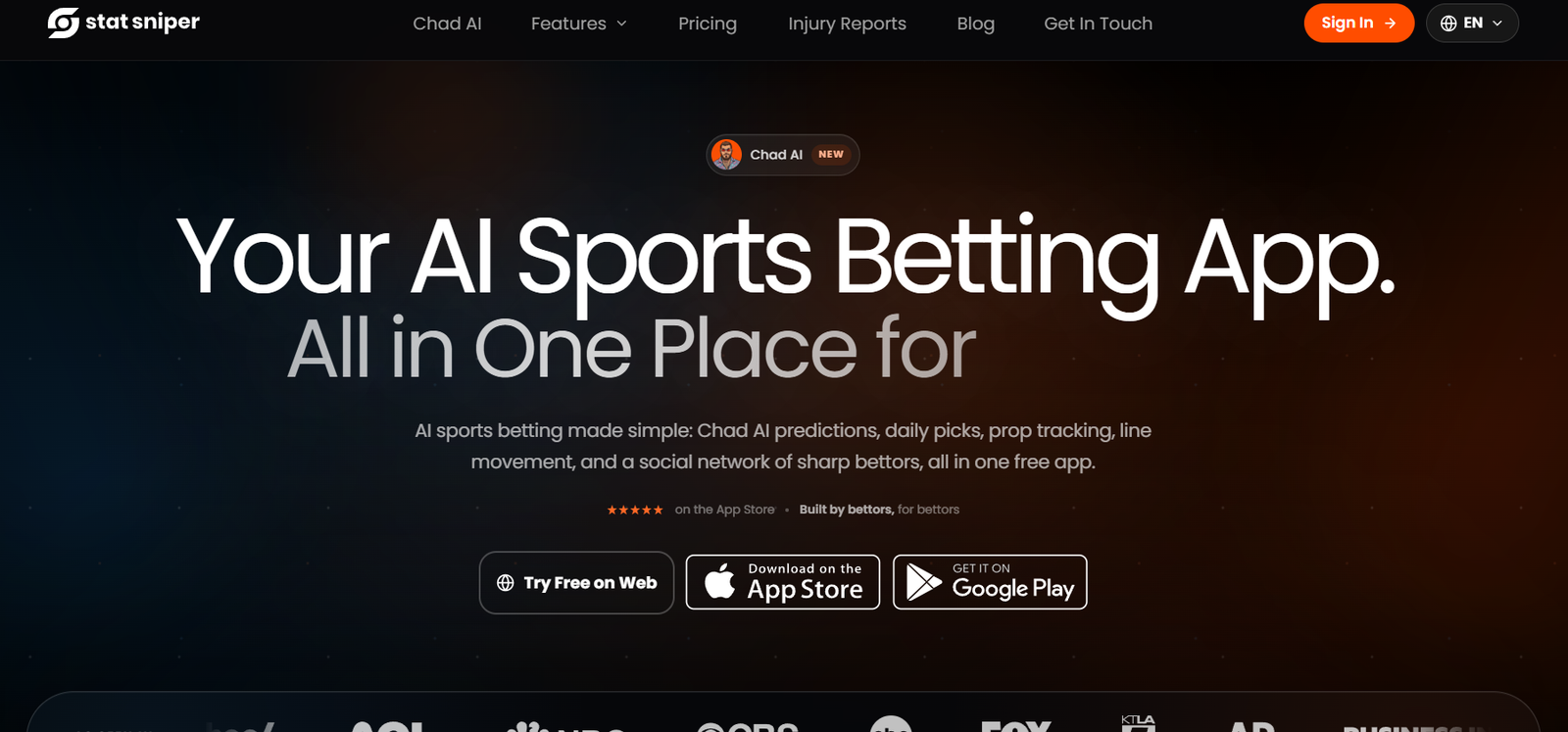 26 - Hero banner for Stat Sniper: 'Your AI Sports Betting App' with a dark gradient background and download buttons below the fold.
