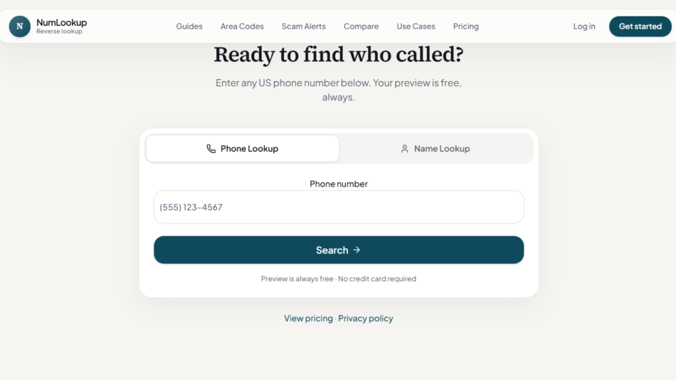27 - NumLookup landing page with a phone lookup form, input for a US number and a large 'Search' button.