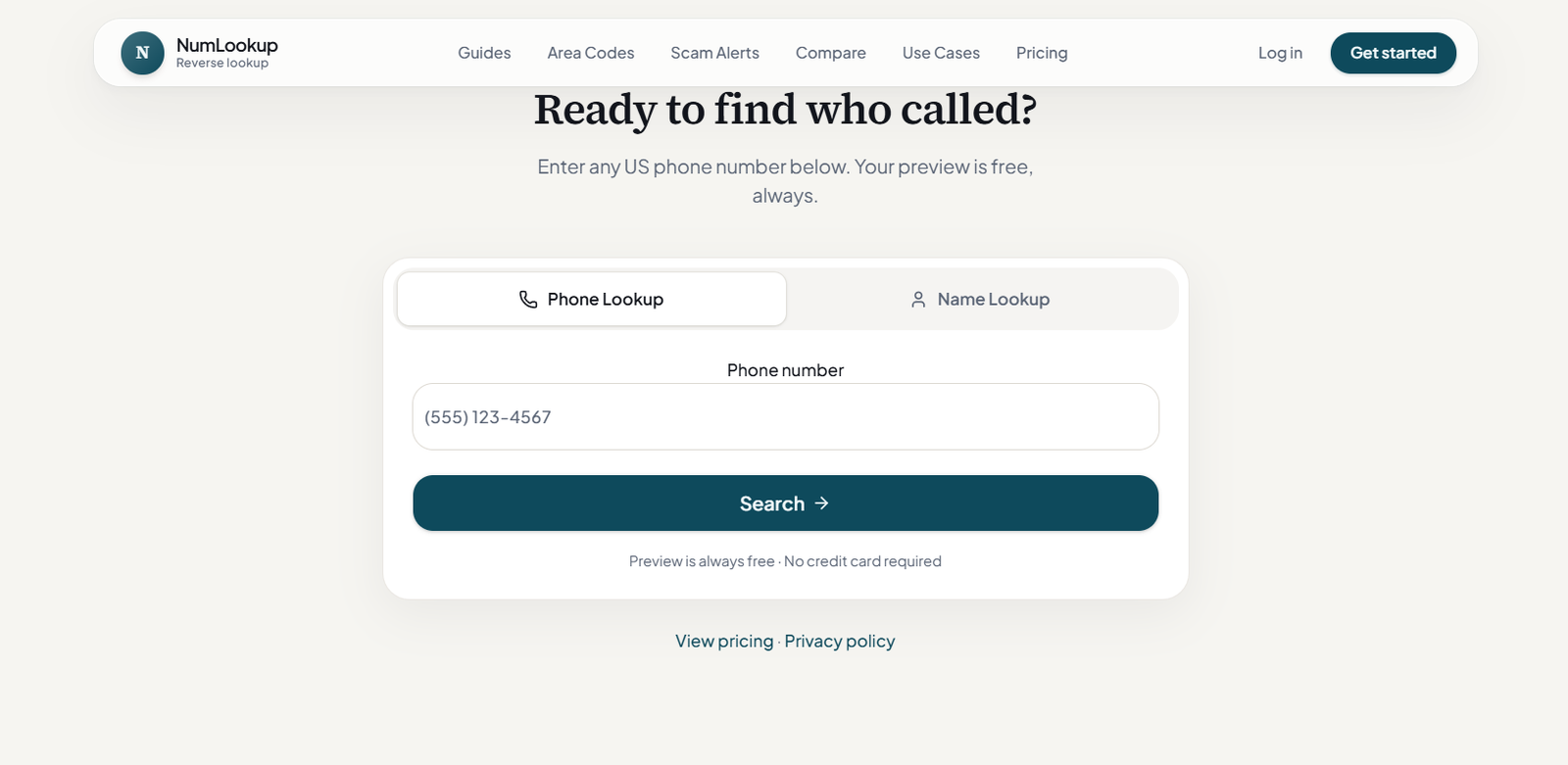 27 - NumLookup landing page with a phone lookup form, input for a US number and a large 'Search' button.