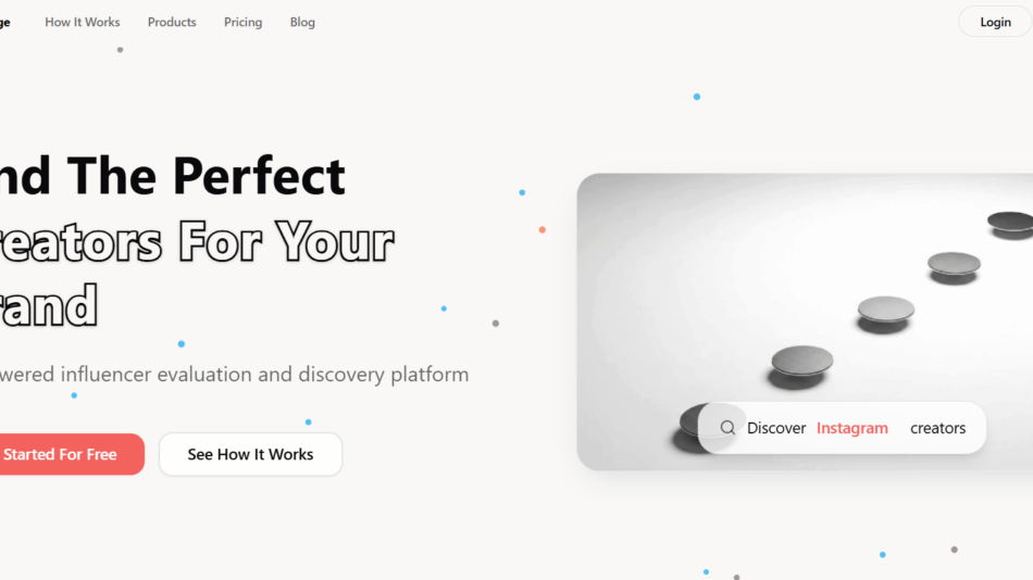 27 - Hero banner for HypeBridge: bold headline 'Find The Perfect Creators For Your Brand' with subtitle 'AI-powered influencer evaluation and discovery platform' and two CTAs; on the right, a rounded gray card with coins and a search bar reading 'Discover Instagram creators'.