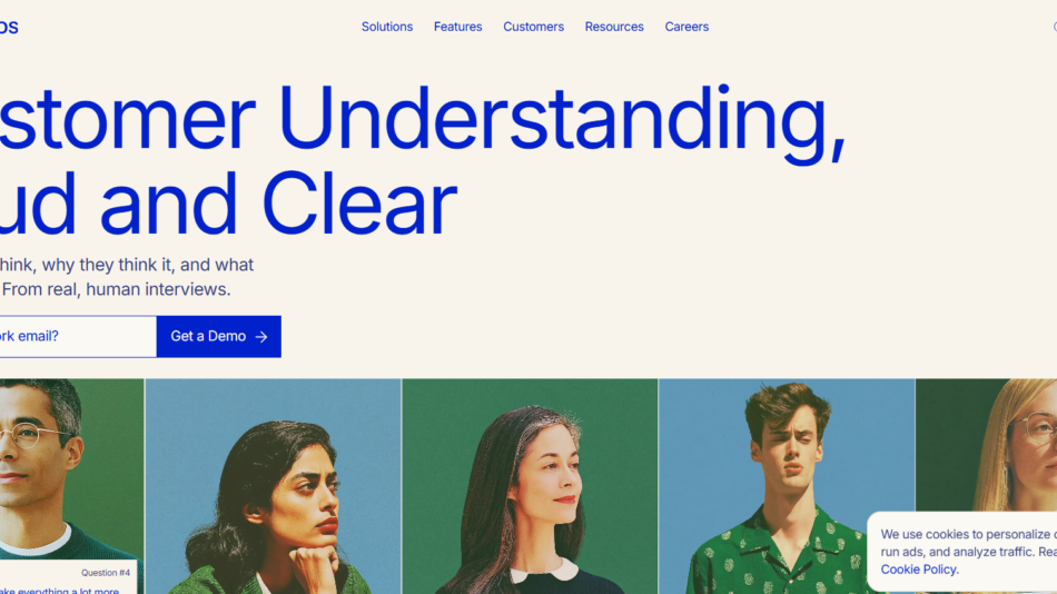 Listen Labs hero banner with large blue headline 'Customer Understanding, Loud and Clear' and a left-aligned email capture form on a beige background.