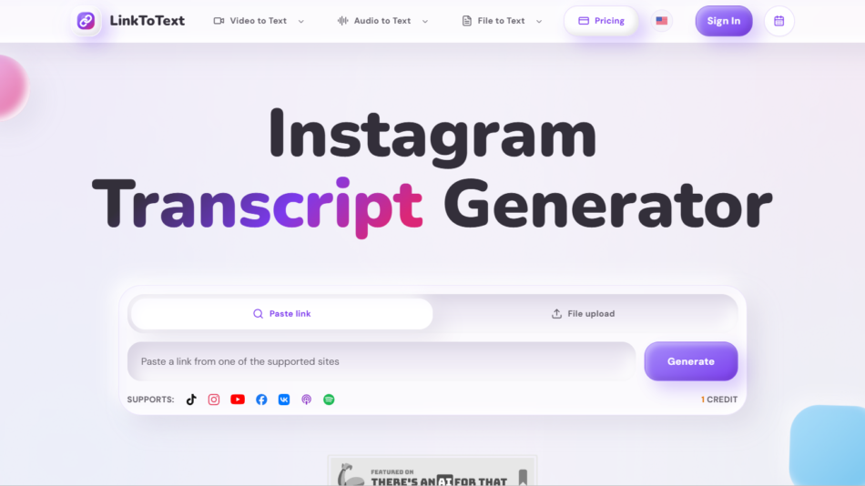 Hero banner that says 'Instagram Transcript Generator' with a soft gradient background, input field and a purple 'Generate' button.