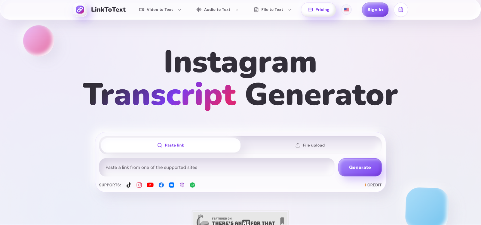 27 - Hero banner that says 'Instagram Transcript Generator' with a soft gradient background, input field and a purple 'Generate' button.