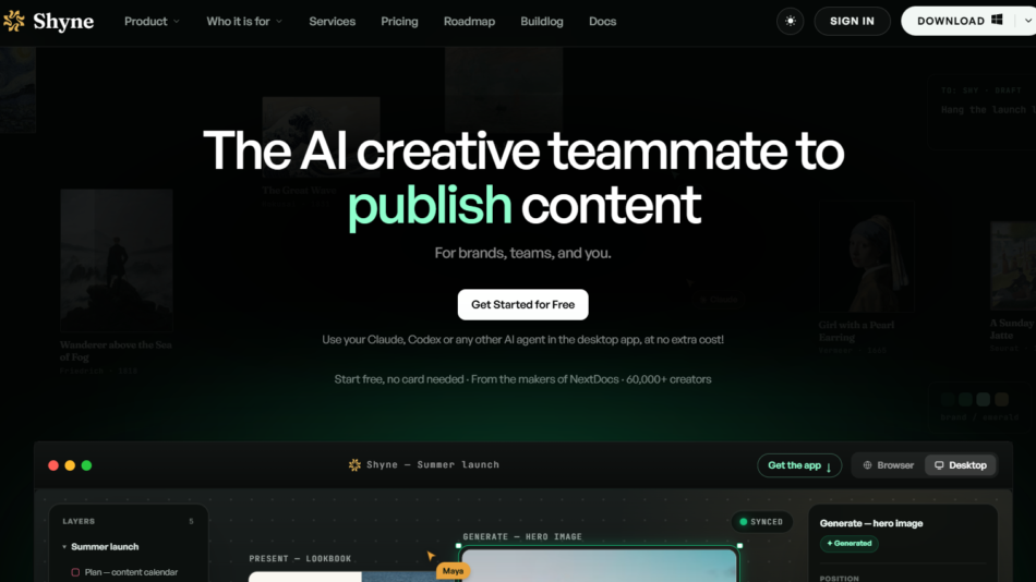 27 - Hero banner announcing 'The AI creative teammate to publish content' with a 'Get Started for Free' call-to-action button.