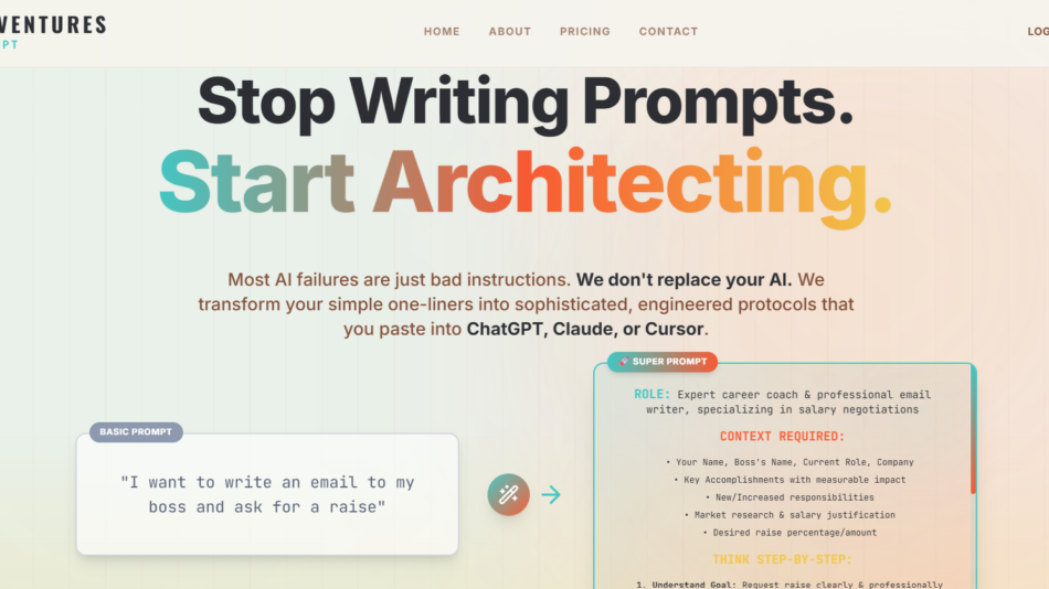 Hero banner: large bold text 'Stop Writing Prompts. Start Architecting.' with a pastel gradient background on Neato Ventures site header image.