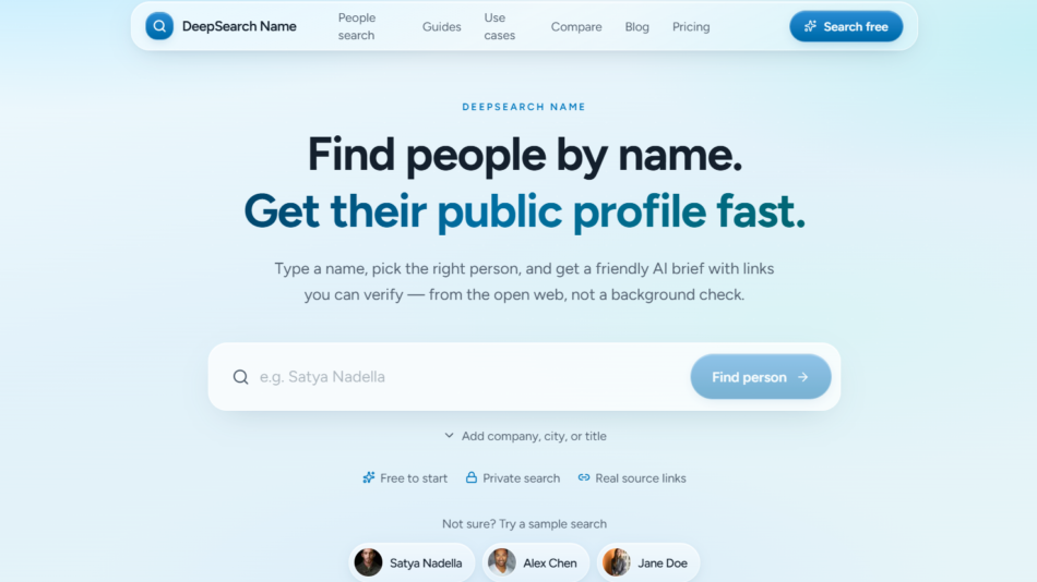 28 - Hero section for a people-search page: 'Find people by name. Get their public profile fast.' with a large search box and a Find person button on a light blue gradient background.