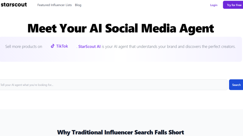 28 - Hero banner for Starscout homepage: large 'Meet Your AI Social Media Agent' headline, pale purple promotional strip, and a long search field with a blue 'Search' button; header with logo and navigation.