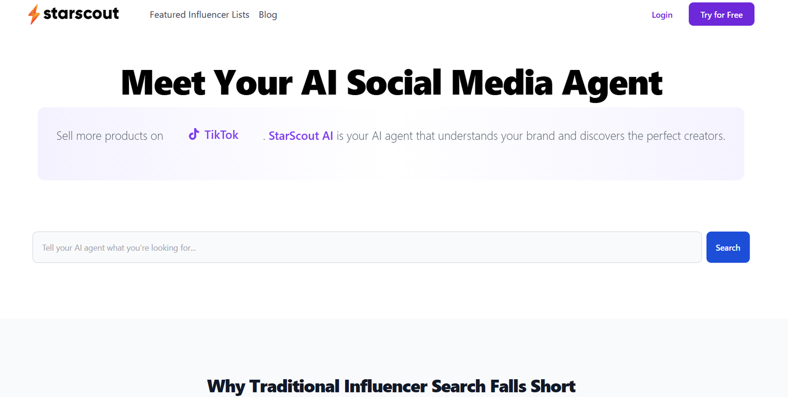 Hero banner for Starscout homepage: large 'Meet Your AI Social Media Agent' headline, pale purple promotional strip, and a long search field with a blue 'Search' button; header with logo and navigation.