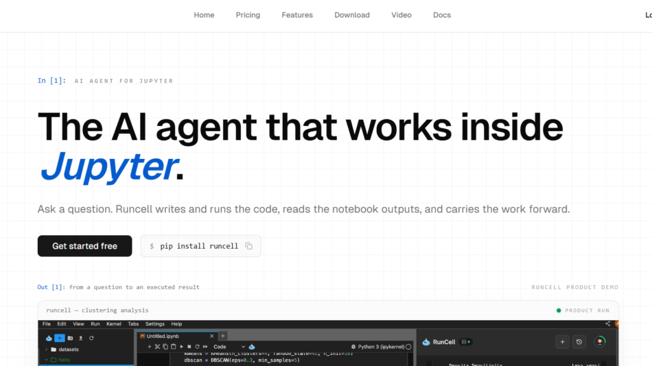 Runcell hero: bold headline 'The AI agent that works inside Jupyter' on a grid background, with subtitle and a 'Get started free' button.