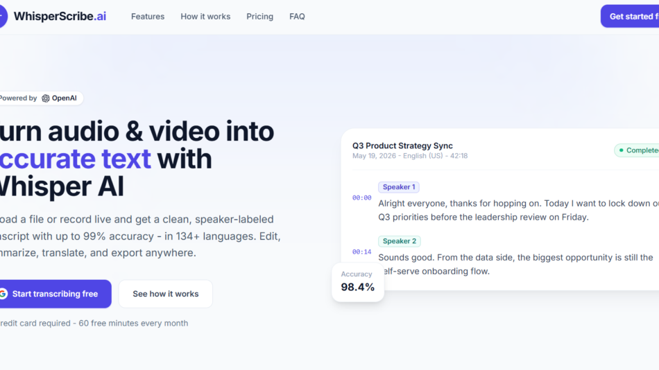 Hero section showing WhisperScribe AI landing page with large headline about turning audio into accurate text and a right-side transcript panel mockup.