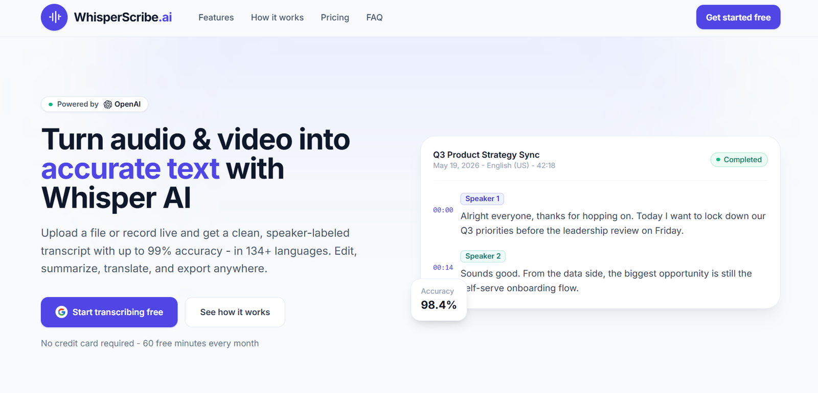 28 - Hero section showing WhisperScribe AI landing page with large headline about turning audio into accurate text and a right-side transcript panel mockup.