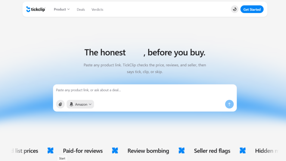 TickClip homepage hero: logo and navigation bar with Get Started button, large headline about honest product checks, and a search box with placeholder and Amazon dropdown.