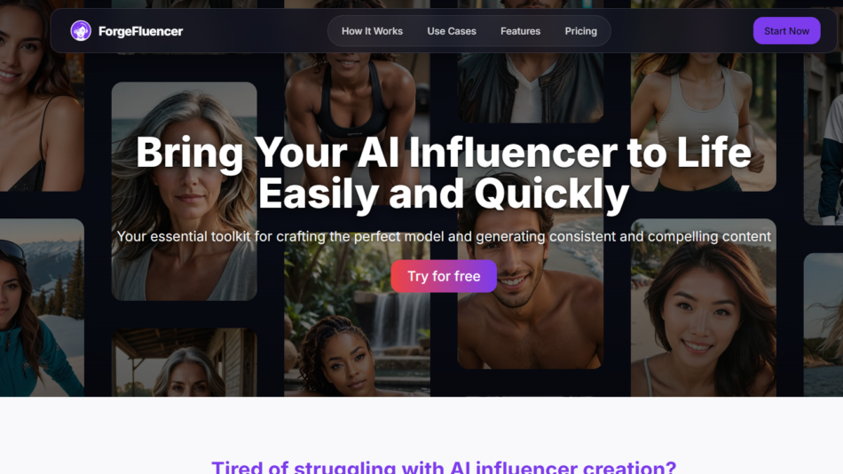 29 - Hero banner for ForgeFluencer: collage of diverse fitness and outdoor photos with bold headline about bringing AI influencers to life and a 'Try for free' button