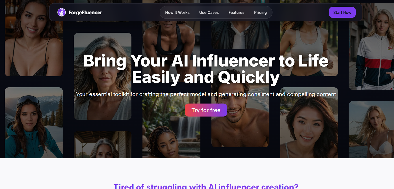 Hero banner for ForgeFluencer: collage of diverse fitness and outdoor photos with bold headline about bringing AI influencers to life and a 'Try for free' button