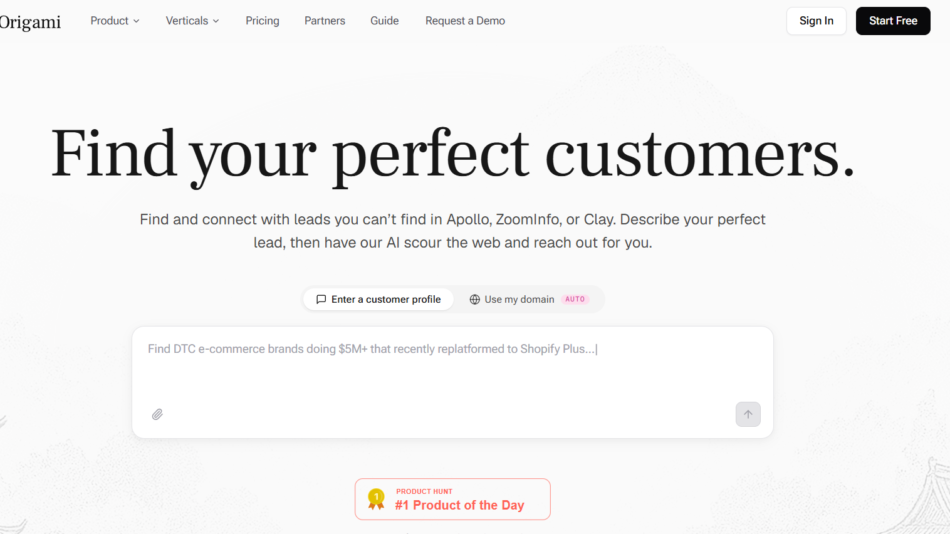 Hero header: 'Find your perfect customers.' with a light background and navigation bar (Sign In, Start Free).