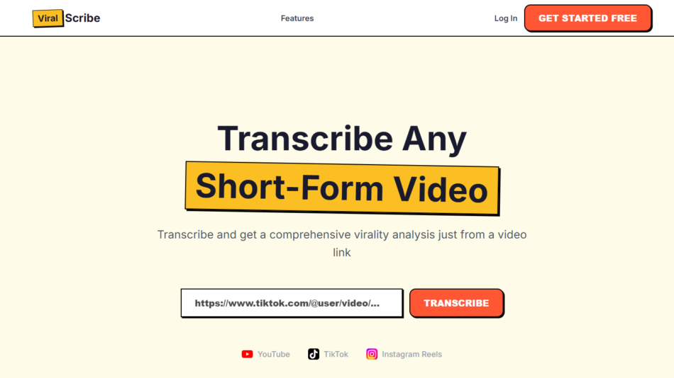 Hero section promoting transcription of short-form videos: large 'Transcribe Any Short-Form Video' headline with a yellow banner, a URL input field, and an orange 'TRANSCRIBE' button against a pale background.