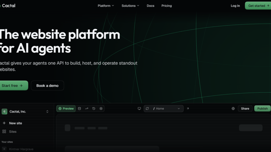 Dark hero section promoting the AI agent platform with large headline and two call-to-action buttons: Start free and Book a demo.