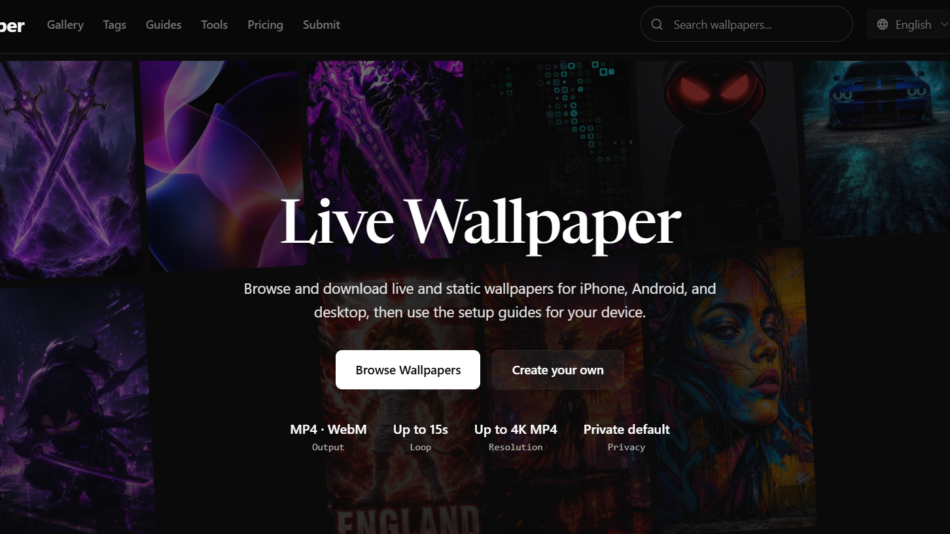 Hero banner for Live Wallpaper site with a collage of colorful wallpapers and centered 'Live Wallpaper' title and action buttons (Browse Wallpapers, Create your own).